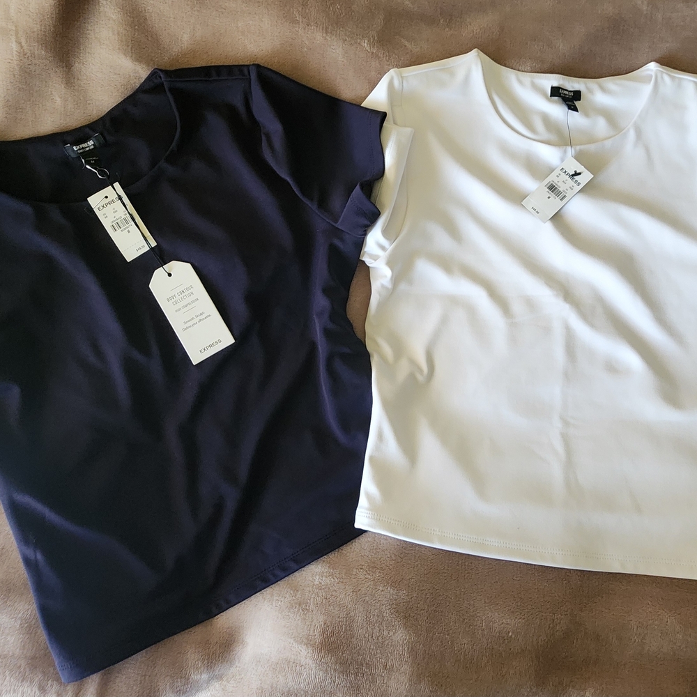 Express Blue and White Fitted Short Sleeve T-Shirt